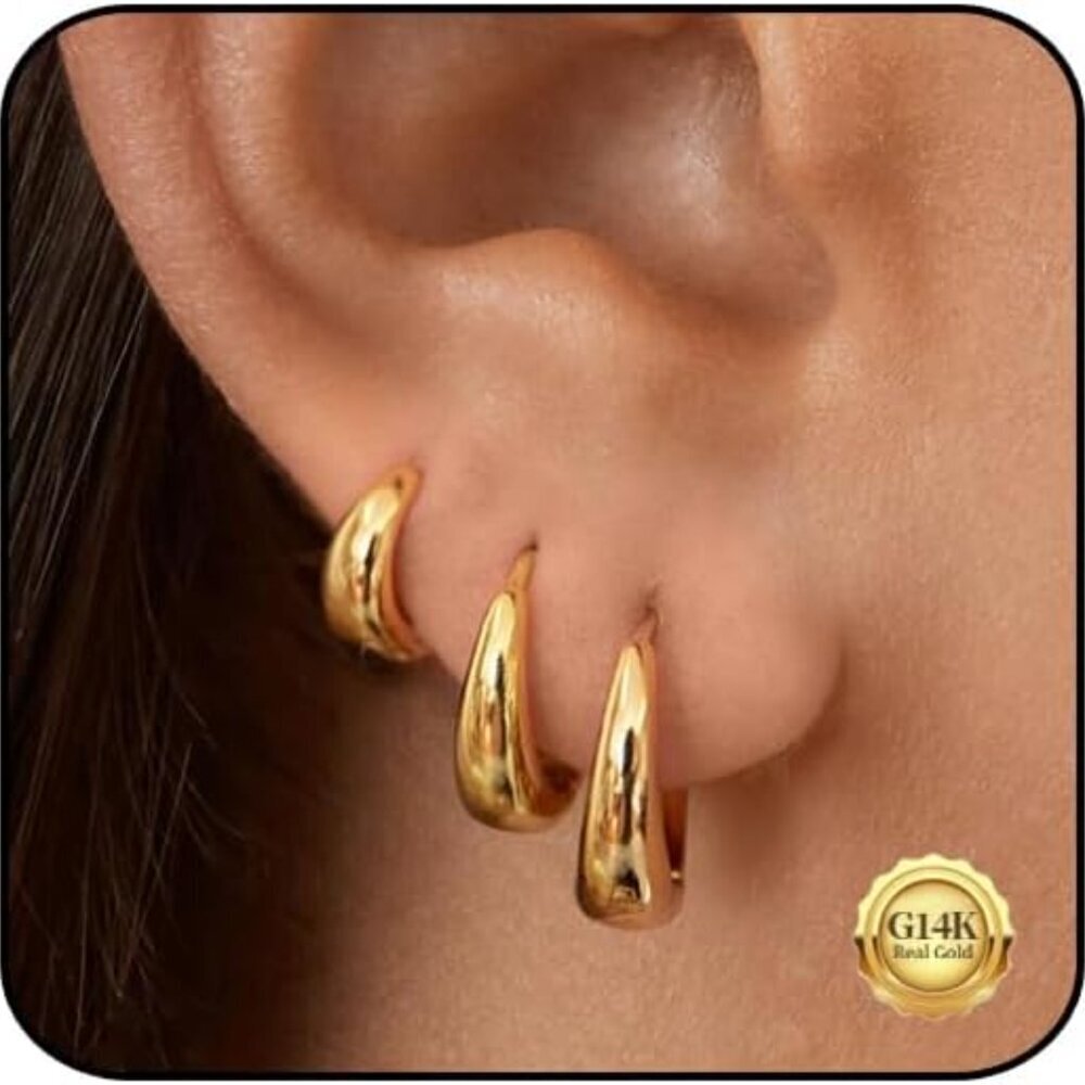 Gold Hoop Earrings for Women - 14k Plated Small Set, Hypoallergenic Huggie Carti